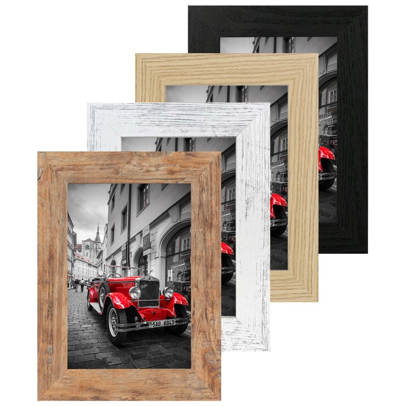 iRahmen 4 Pack 4x6 Picture Frame Set with High Definition Glass 4 x 6 Photo Frames for Desktop Display and Wall Mounting(Oak+Brown+Black+White). - Image 1